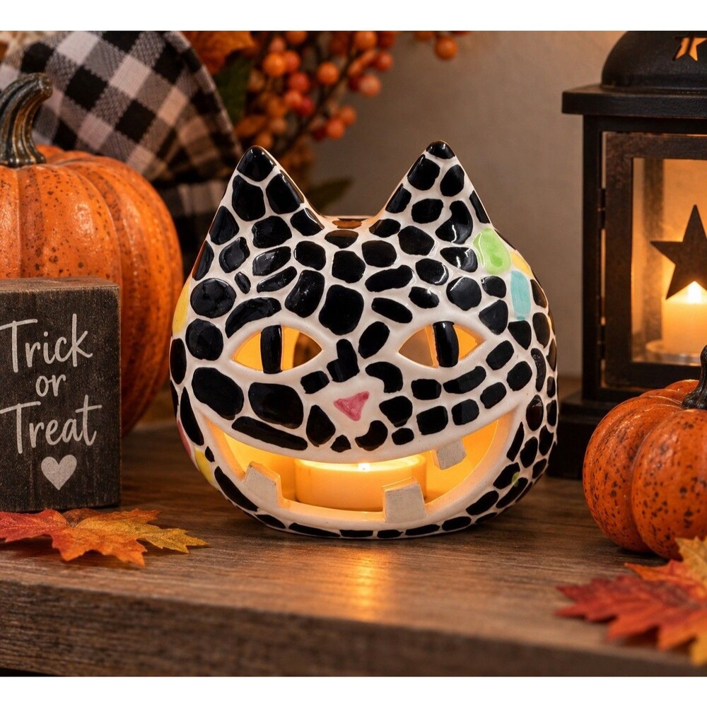 VTG Halloween Smiley Cat Tea Light Mosaic Ceramic Decor Fall Whimsical EUC